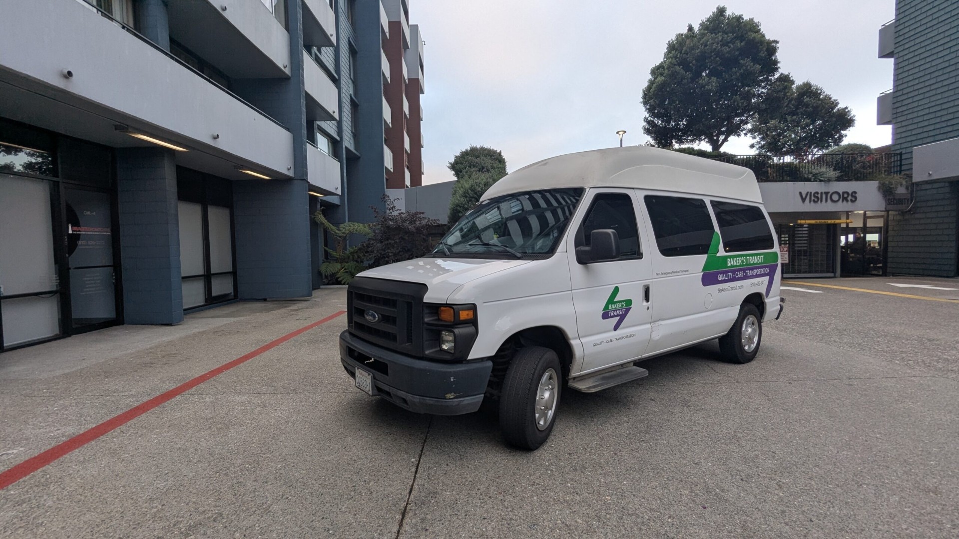 Baker's Transit wheelchair accessible van parked at a medical facility in the East Bay