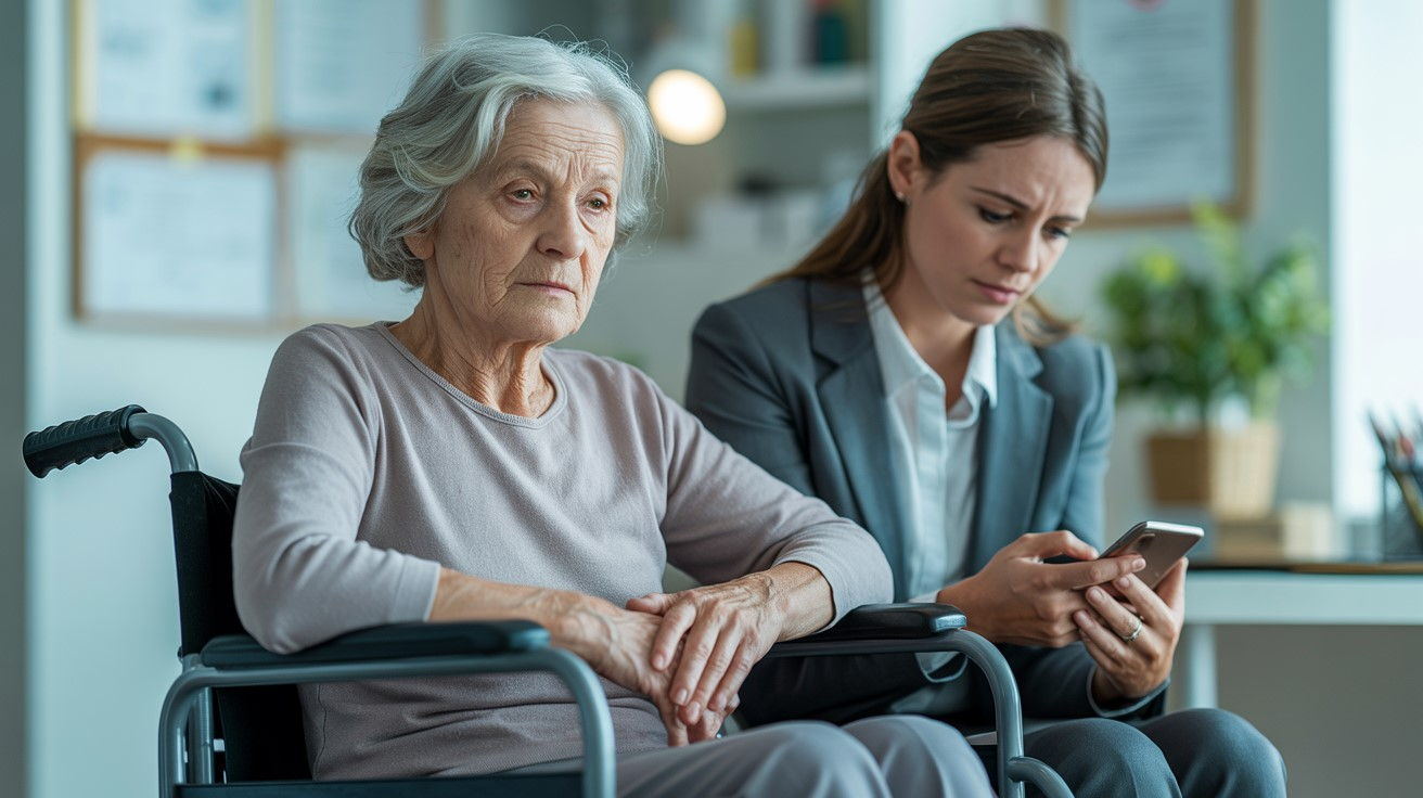Senior Medical Transportation Service assists Daughter caregiver with elderly Mother at Dr. appointment