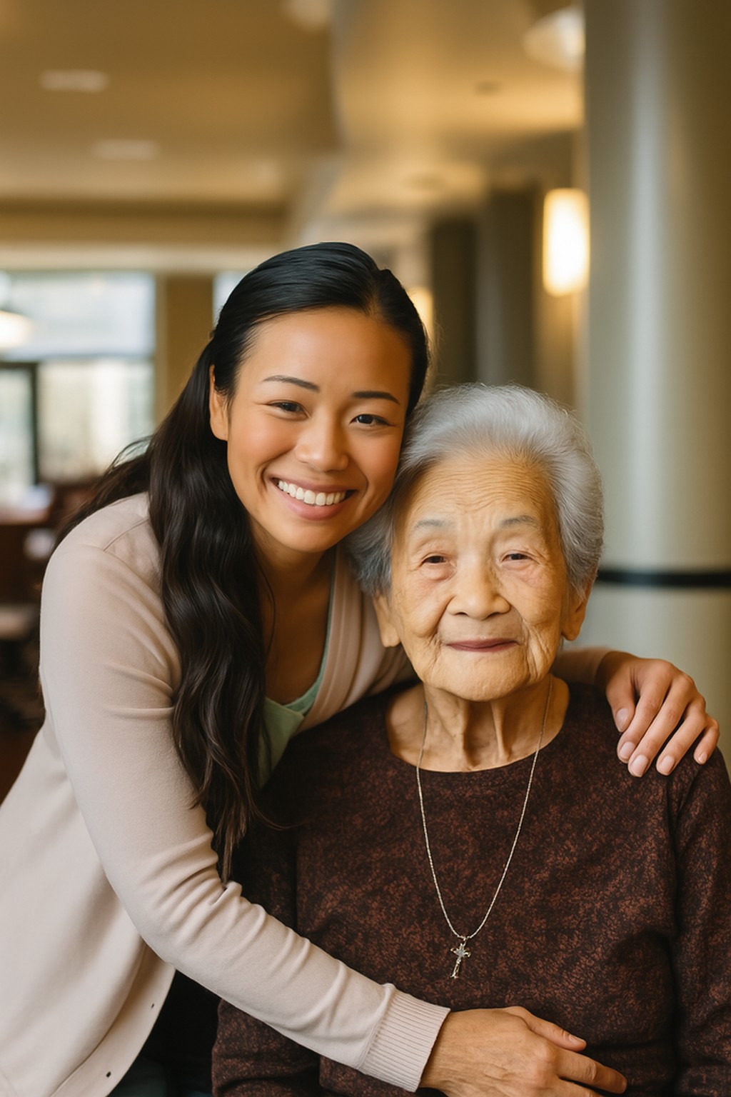 Image of a caretaker and Asian grandmother